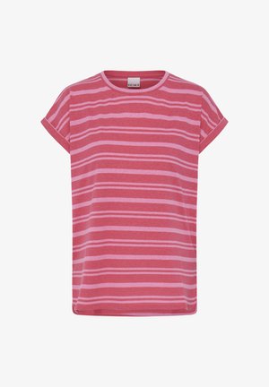 Short-sleeve T-shirt with horizontal pink and red stripes, round neckline, and folded sleeve cuffs.