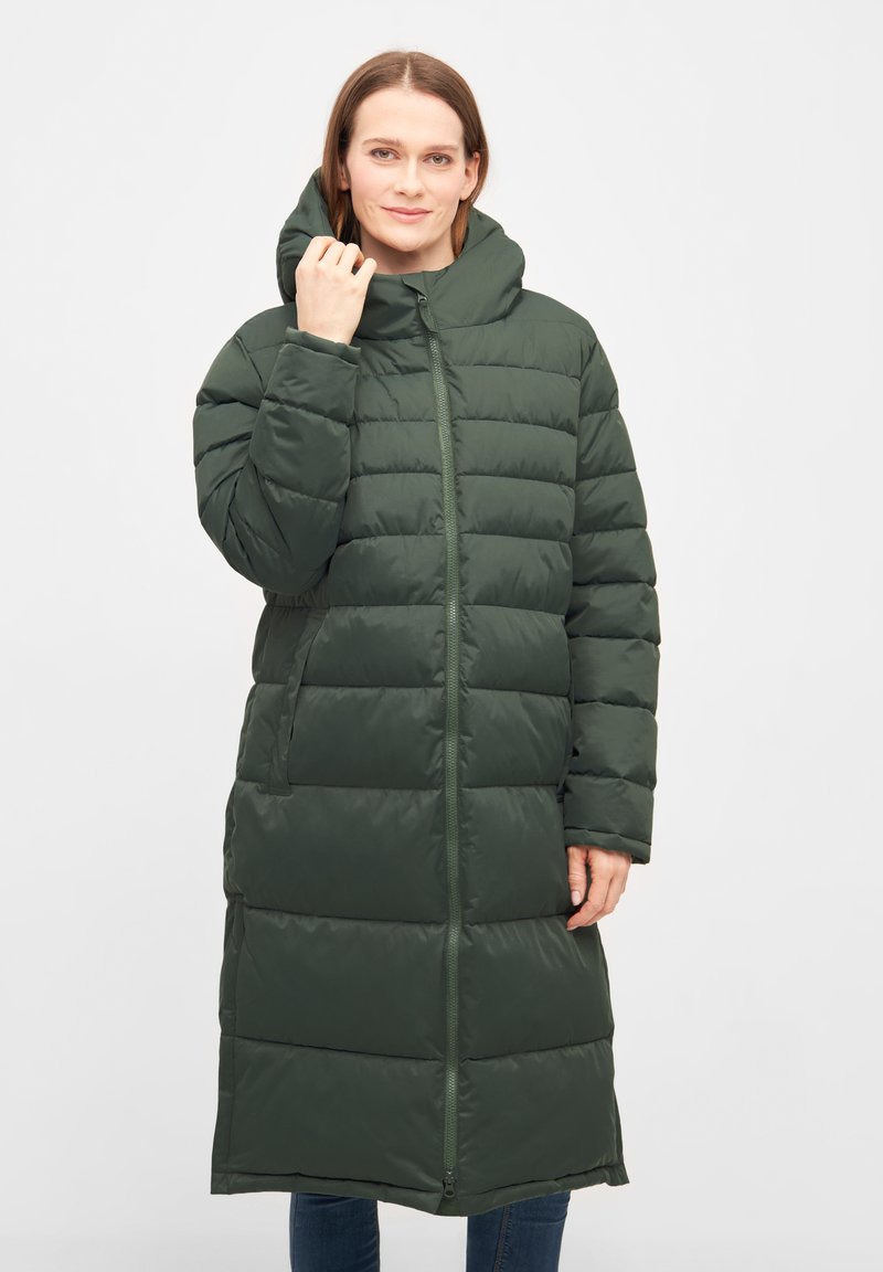Long, padded coat in dark green with a high collar and a hood. Features a front zipper and two side pockets. Smooth texture; rectangular quilted pattern.