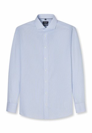 Lichtblauw, overhemd voor heren met lange mouwen, dunne witte verticale strepen, knoopsluiting aan de voorkant en puntige kraag.