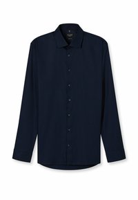 Dunkelblaues Langarmshirt aus gewebtem Stoff, mit durchgehender Knopfleiste, spitzem Kragen und abgerundetem Saum sowie taillierten Manschetten.