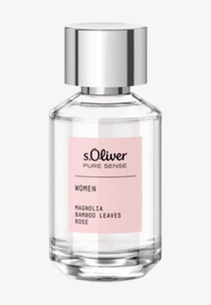 Flacon de parfum en verre transparent avec capuchon argenté portant l'étiquette "s.Oliver Pure Sense Women" aux senteurs de magnolia, feuilles de bambou et rose.