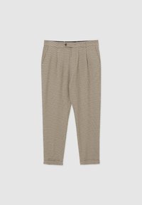 Pantalons à carreaux beiges avec des plis, taille mi-haute, jambes fuselées, fermeture à bouton et poches, fabriqués dans un tissu doux et texturé.
