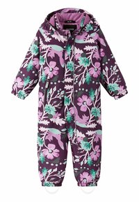 Paarse uitrutsj pak met groene en roze accenten, uitgerust met een ritssluiting aan de voorkant, elastische boorden en een capuchon met een koord. Waterdicht materiaal.