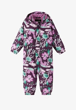 Paarse uitrutsj pak met groene en roze accenten, uitgerust met een ritssluiting aan de voorkant, elastische boorden en een capuchon met een koord. Waterdicht materiaal.