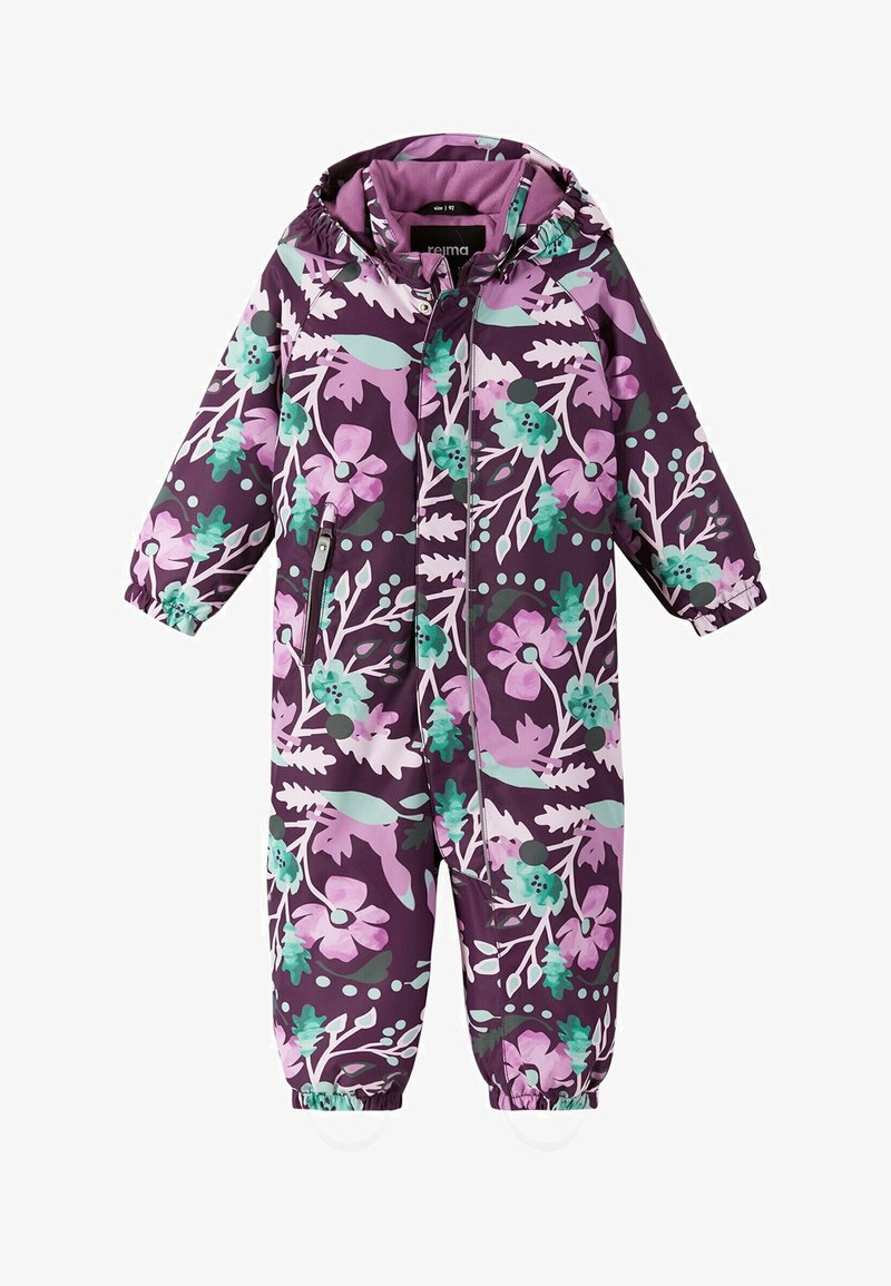 Paarse uitrutsj pak met groene en roze accenten, uitgerust met een ritssluiting aan de voorkant, elastische boorden en een capuchon met een koord. Waterdicht materiaal.