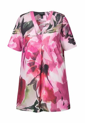 Kukallinen paita, jossa on V-pääntie, lyhyet hihat ja väljä malli. Hallitsevat värit ovat vaaleanpunaiset, vihreät ja mustan vivahteet.