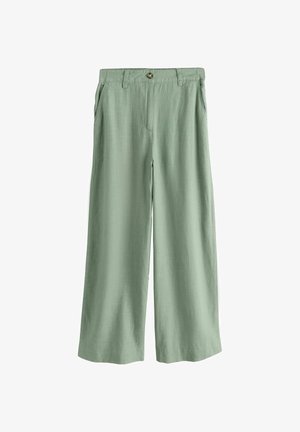 Světlé zelené kalhoty se širokými nohavicemi, bočními kapsami a předním zapínáním na knoflíky, vyrobené z lehké látky.