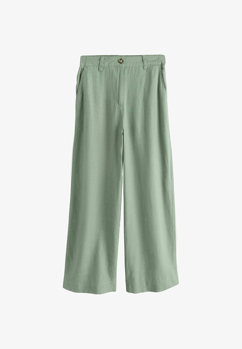 Heledast rohelised laia lõikega püksid küljetaskute ja eesnuppudega, valmistatud kergest kangast.