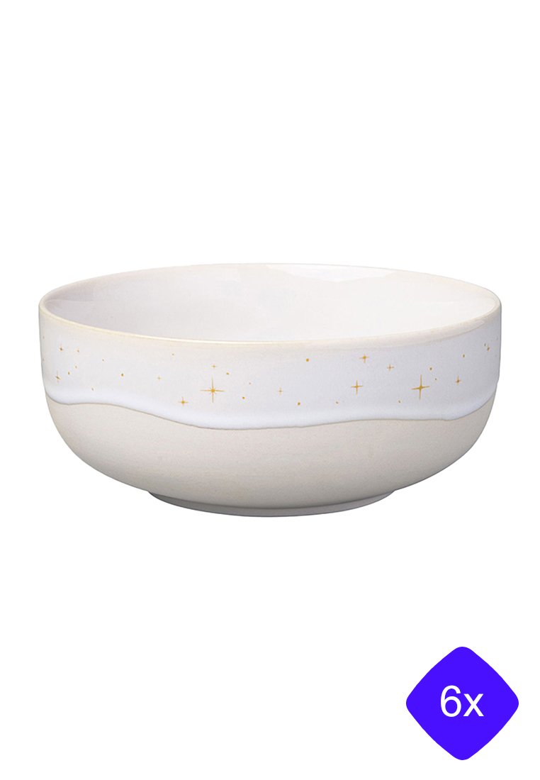 Runde Keramikschüssel mit mattem weißen Innenraum und glänzendem weißen Außenraum, versehen mit einer wellenförmigen goldenen Akzentlinie und kleinen goldenen Sternmustern.
