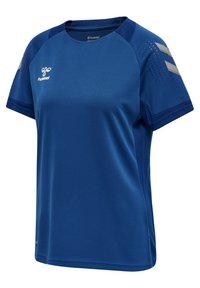 Blauw sportshirt met korte mouwen, voorzien van een ronde hals, mesh details en zilveren accenten op de schouders. Gemaakt van lichtgewicht, ademend materiaal.