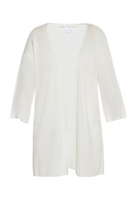 Cardigan aperto in un leggero tessuto a maglia testurizzato, con maniche a tre quarti e un morbido colore bianco.