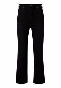 Czarne dżinsy w kształcie dzwonów z wysokim stanem, z mosiężnymi nitami, klasycznym pięciokomorowym designem i prostym krojem nogawki.