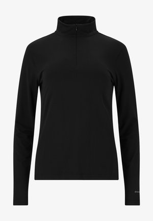 Sort langærmet top med høj krave og halv lynlås, lavet af blødt, strækbart stof. Har minimal syning og et diskret design.