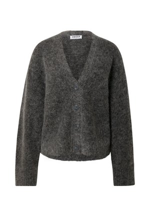 Cardigan gris texturé avec un col en V, des manches longues et une fermeture à cinq boutons. Confectionné dans un matériau doux, avec une coupe courte et des bords côtelés.