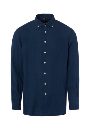 Long-sleeve navy blue button-up shirt with a button-down collar and white buttons down the front and on the collar tips.