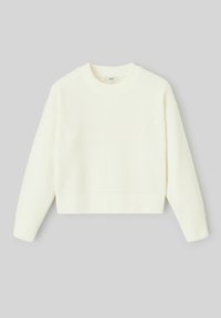 Pull en tricot blanc côtelé avec un col rond et des manches longues, au design court, arborant une texture douce et un style minimaliste.