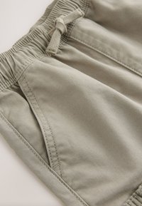 Pantaloncini verde chiaro realizzati in tessuto morbido. Presentano una vita con coulisse, due tasche laterali e dettagli di cuciture semplici.