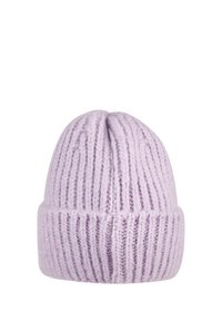 Light purple knitted beanie hat with vertical ribbing pattern, featuring a folded hem. Soft texture with a round top.