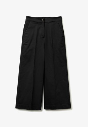 Černé široké kalhoty vyrobené z hladkého materiálu, s předními kapsami, zapínáním na knoflík a čistým zakončením.