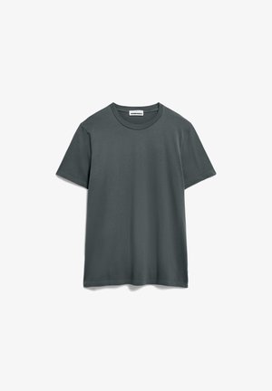 T-shirt en coton gris foncé avec un col rond, des manches courtes et une coupe décontractée. Pas de motifs ni de graphiques visibles. Design simple.