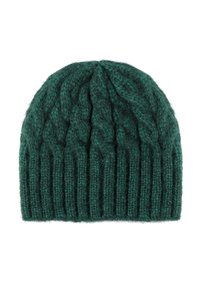 Beanie verde tricotat cu un design texturat, cu cablu. Are o manșetă cu nervuri pentru o potrivire strânsă și o finisare moale, pufoasă.
