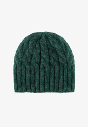 Zöld kötött sapka, textúrált, kabelmintás dizájnnal. Bordás szegéllyel rendelkezik a szoros illeszkedés érdekében, és puha, bolyhos felülete van.