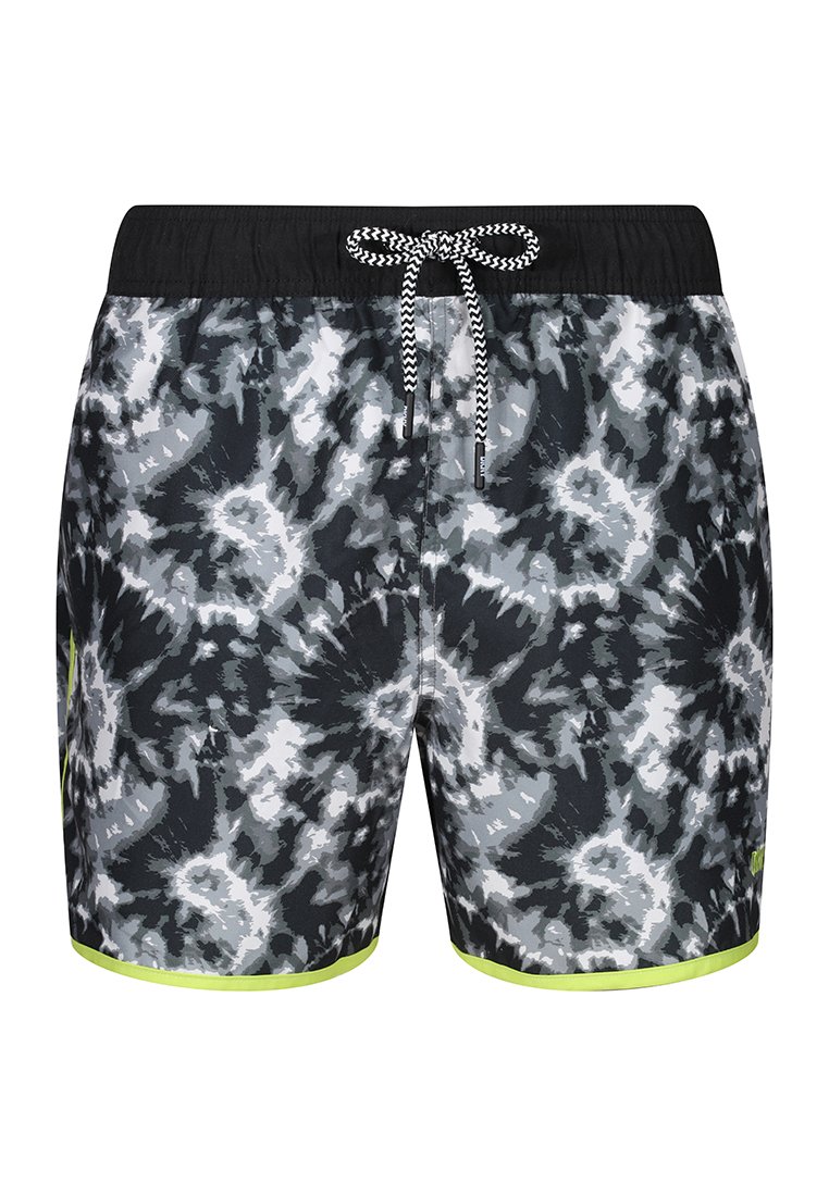 Zwart en grijs tie-dye zwemshorts met een zwarte elastische tailleband, zwart-witte trekkoord en neon groene afwerking aan de zoom.
