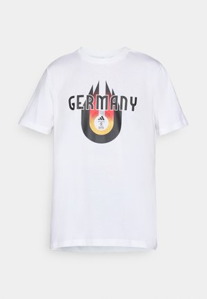 White cotton t-shirt featuring a black and orange graphic with "GERMANY" text and a circular design with a soccer ball and stripes.
