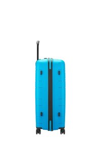 Maleta rígida de color azul brillante, con un mango retráctil negro, cuatro ruedas y surcos texturizados en la superficie.