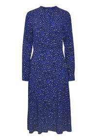 Långärmad blå klänning med ett leopardmönster, med rund halsringning och avslappnad passform, tillverkad av ett mjukt tyg.