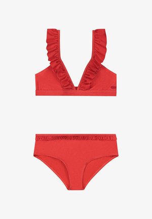 Red bikini set featuring a ruffled bralette with a deep V-neck and matching brief with ruffle trim around the waist, made from smooth fabric.