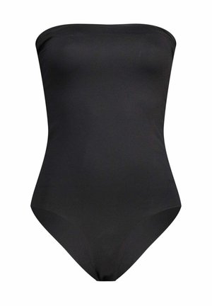 Costume intero nero senza spalline con design liscio, aderente e aperture delle gambe alte.