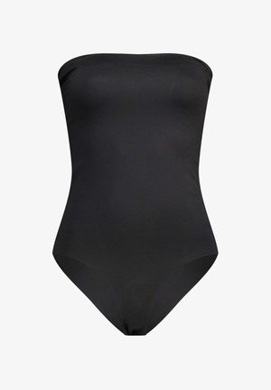 Costume intero nero senza spalline con design liscio, aderente e aperture delle gambe alte.