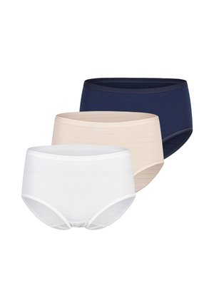Three women's seamless high-waist briefs in white, beige, and dark blue, arranged overlapping on a white background.