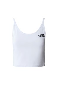 Débardeur court blanc avec fines bretelles et logo The North Face noir sur le côté gauche de la poitrine.