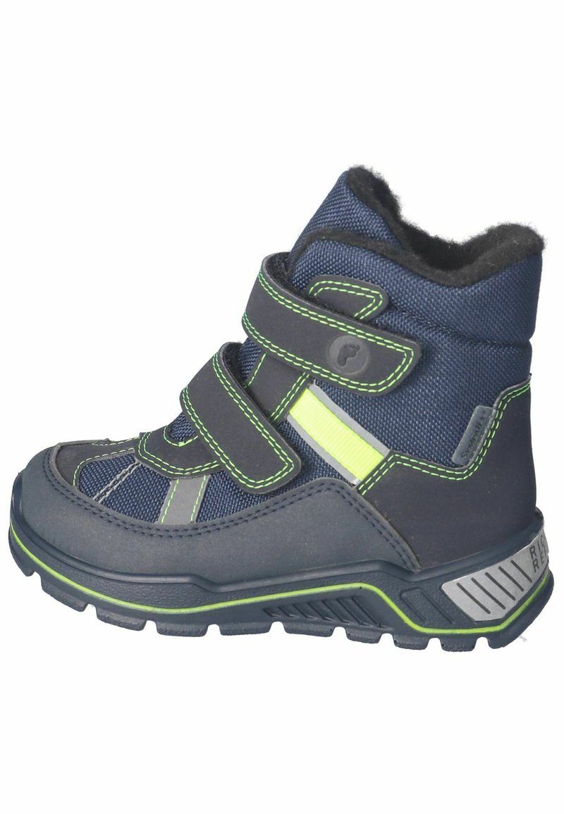 Botas para niños en azul marino, hechas de tela y goma, con dobles correas de Velcro, detalles en verde y una suela texturizada para mayor tracción.