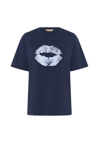 Navyblaue Baumwoll-T-Shirt mit einem weißen, grafischen Lippenabdruck auf der Vorderseite. Kurzärmlig und mit lässiger Passform.