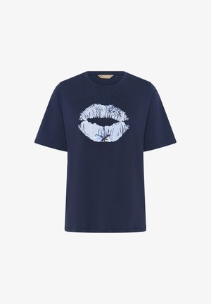Navyblaue Baumwoll-T-Shirt mit einem weißen, grafischen Lippenabdruck auf der Vorderseite. Kurzärmlig und mit lässiger Passform.