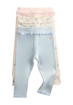 Tre paia di leggings per neonati in rosa pastello, crema con fiori blu e vichy blu con dettagli arricciati in vita e orlo.