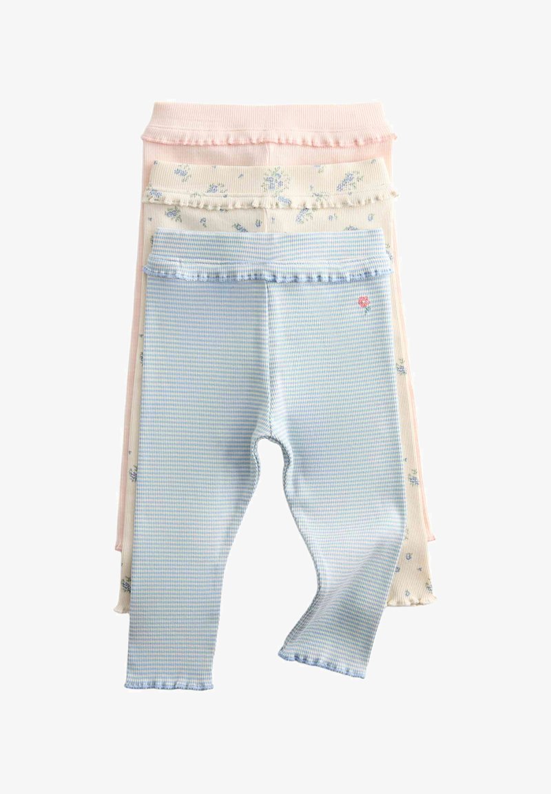 Tres pares de leggings para bebé en rosa pastel, crema con flores azules y cuadro vichy azul con detalles fruncidos en la cintura y el bajo.