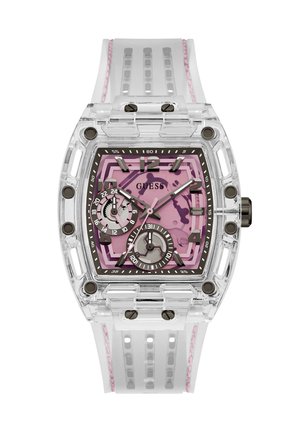 Helder horloge met een transparante kast, roze geometrische wijzerplaat, witte band met roze stiksels en zwarte uurmarkeringen en wijzers.