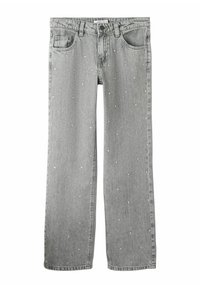 Hallid teksad hallist denimist sirge jala disainiga, millel on laialdaselt jaotatud rhinestone kaunistused ja traditsiooniline viie tasku stiil.