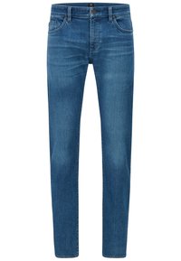 Pánské modré džíny z denimu s rovnými nohavicemi, pěti kapsami a jemným jemným opotřebením s hladkým texturovaným povrchem.