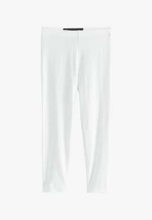 Weiße knöchellange Leggings mit schlichtem Design und elastischem Bund, flach auf weißem Hintergrund gelegt.