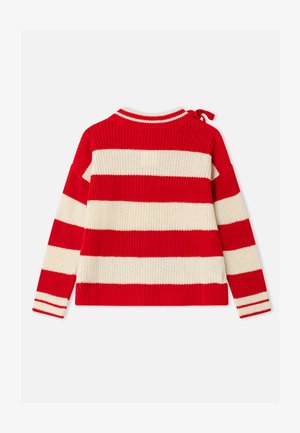 Pull tricoté rayé rouge et crème avec un col montant, des manches longues et un détail noué à l'arrière. Comprend des poignets et un ourlet côtelés.