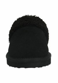 Zwarte suède instapper met een gestructureerde zwarte bont bovenkant, ronde neus en platte zool. Zacht materiaal met een comfortabele, casual uitstraling.