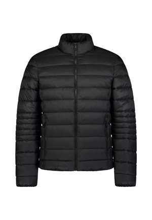 Schwarze Pufferjacke mit Reißverschluss, hohem Kragen, gerippten Bündchen und horizontalem Steppmuster zur Isolierung. Zwei Seitentaschen sind vorhanden.