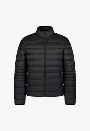 Schwarze Pufferjacke mit Reißverschluss, hohem Kragen, gerippten Bündchen und horizontalem Steppmuster zur Isolierung. Zwei Seitentaschen sind vorhanden.