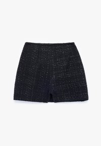 Mustat tweed-shortsit, joissa on teksturoitu kudonta, suora leikkaus ja keskipitkä vyötärö. Ei näkyviä kiinnityksiä, siistit reunat.