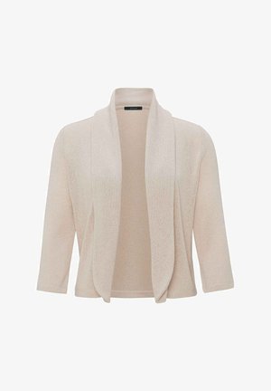 Beiger Cardigan mit weichem Stricktextur, offenes Design und dreiviertellangen Ärmeln. Glattes Material mit dezenten Nähdetails.